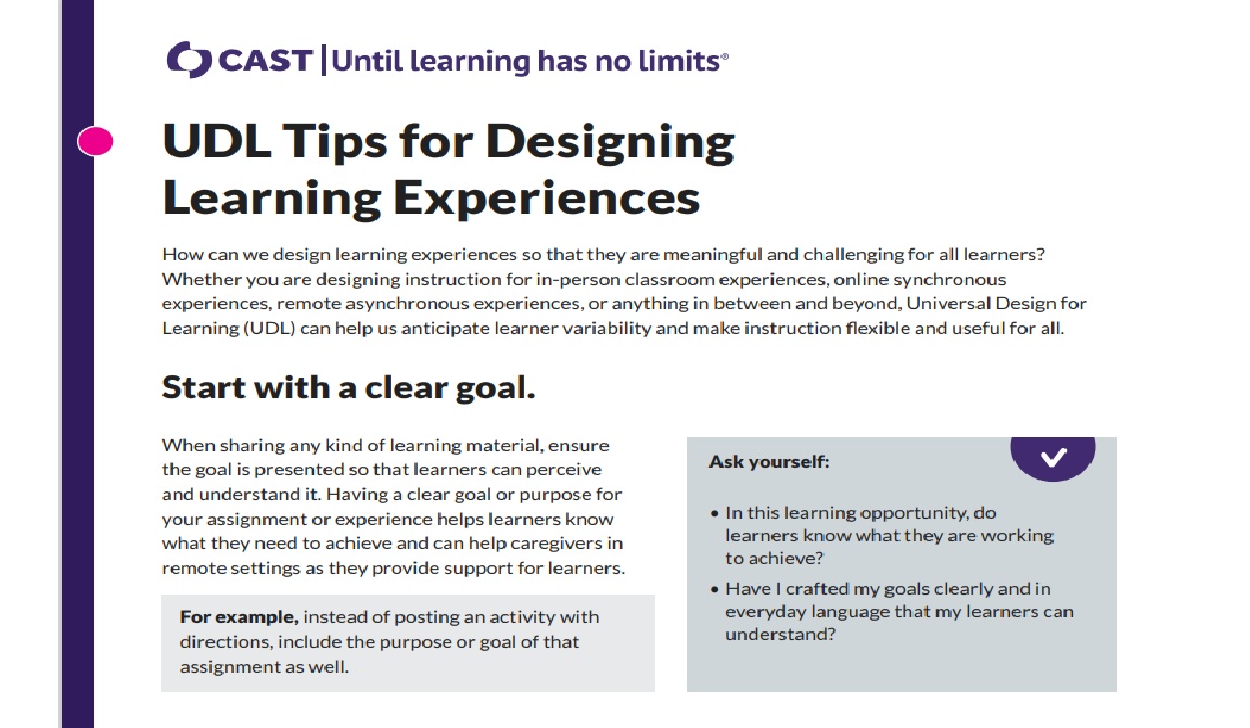 UNIVERSAL DESIGN FOR LEARNING, DESIGNING A LEARNING EXPERIENCE