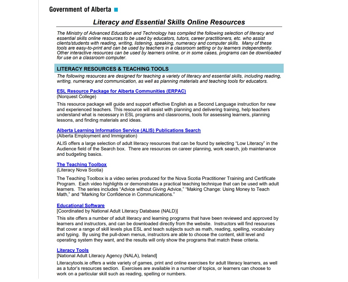 LITERACY AND ESSENTIAL SKILLS ONLINE RESOURCES